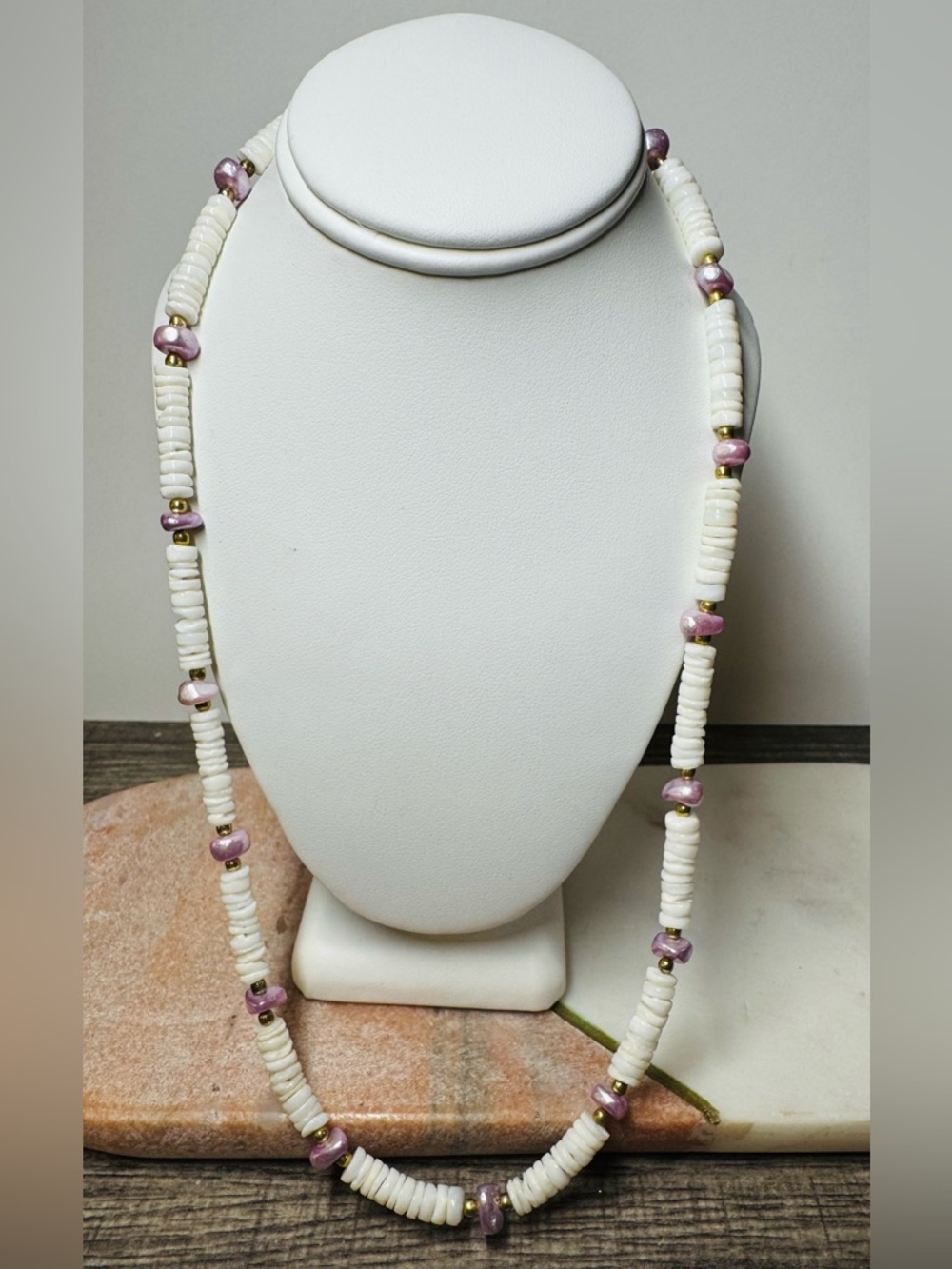 Vintage White Shell Disc & Pink Art Glass Bead Necklace Boho Coastal